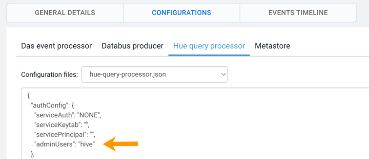 Image showing the authconfig section in the Hue query processor for adding admin users and admin groups.