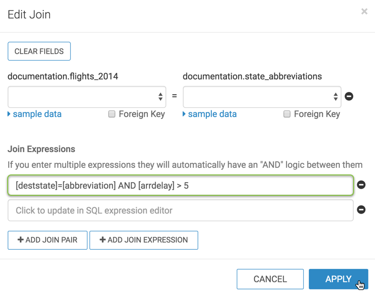 Entering an expression in the Join Expression modal window