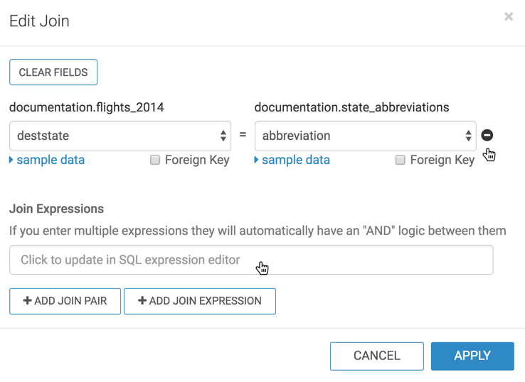 Deleting the initial join and clicking the Join Expressions box