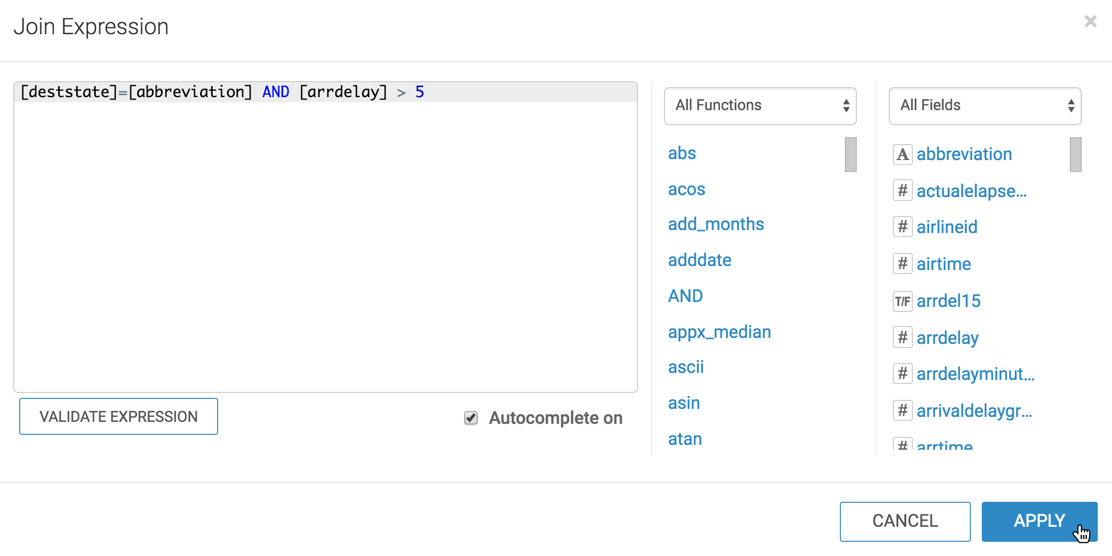 Entering an expression in the Join Expression modal window