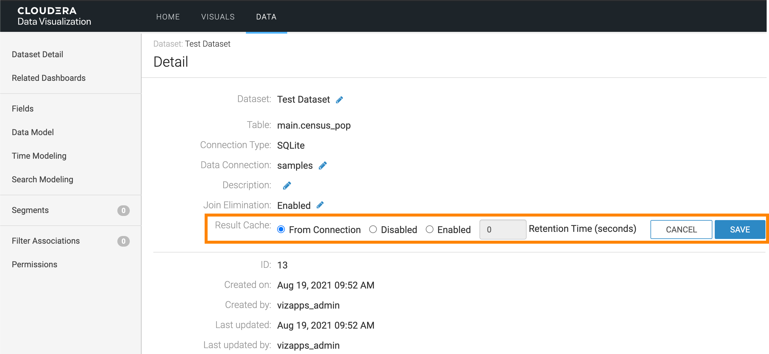 Change Result Cache configuration at Dataset Level