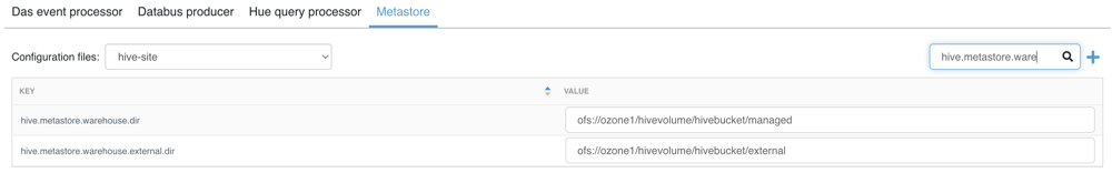 Screenshot of Database Catalog Details page showing metastore properties where you can configure the path for enabling CDW to use the Ozone filesystem.