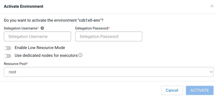 Activate Environment screen showing the Delegation Username and Delegation Passowrd fields.