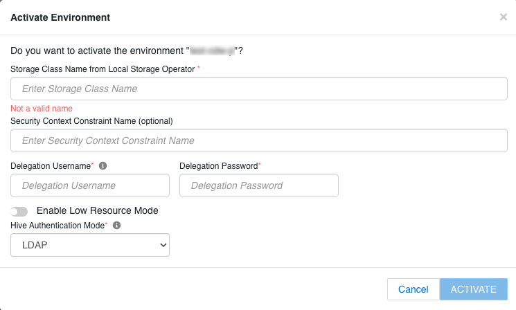 This is a screenshot of the CDW Activation Settings page showing the Delegation Username and Delegation Passowrd fields.