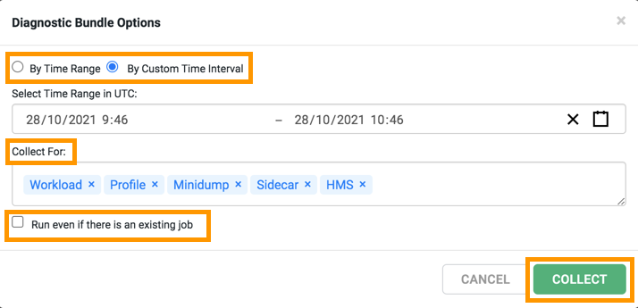 Screenshot showing options for generating diagnostic bundles from a Virtual Warehouse in CDW.