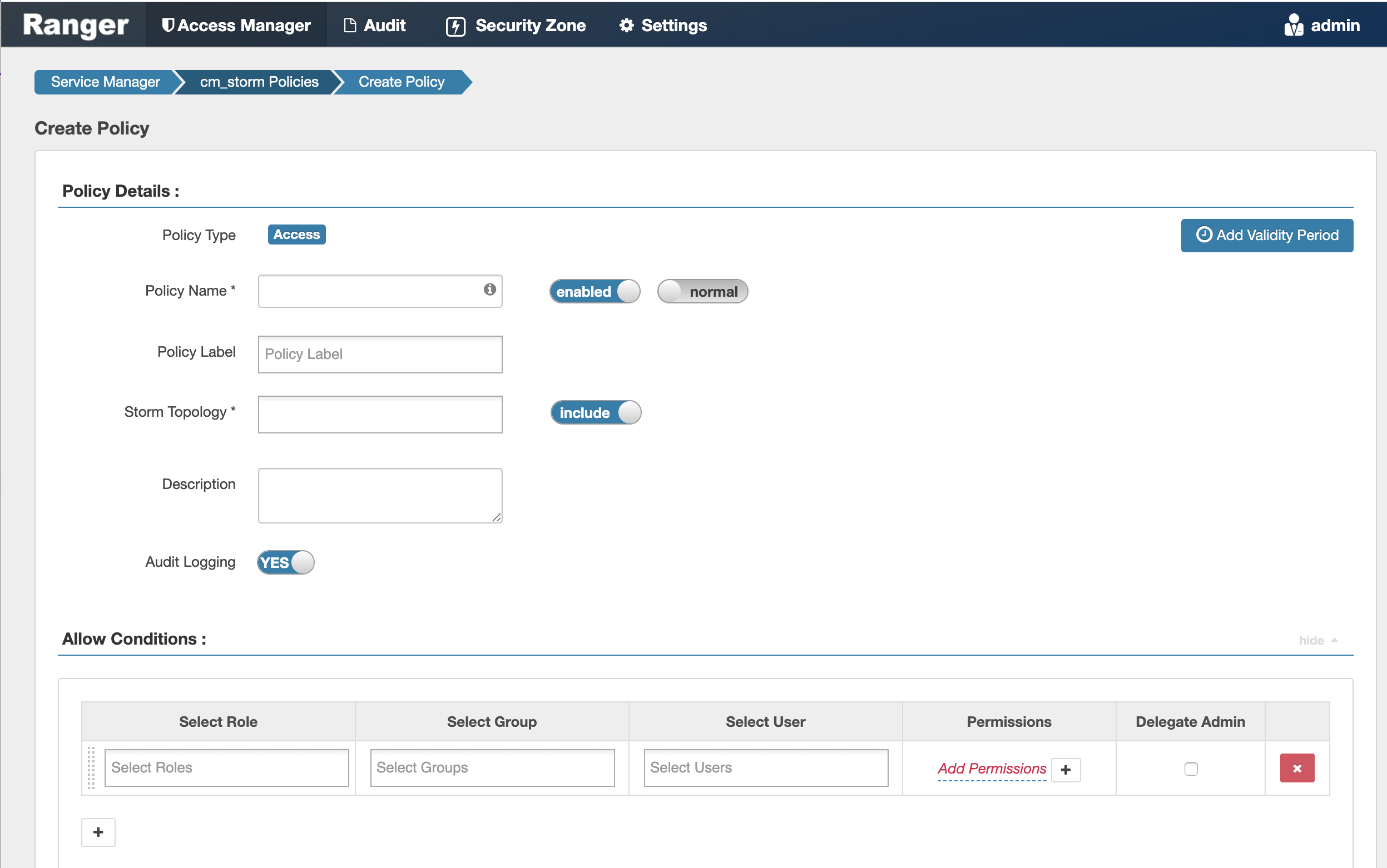 Ranger > Create Storm Policy page.