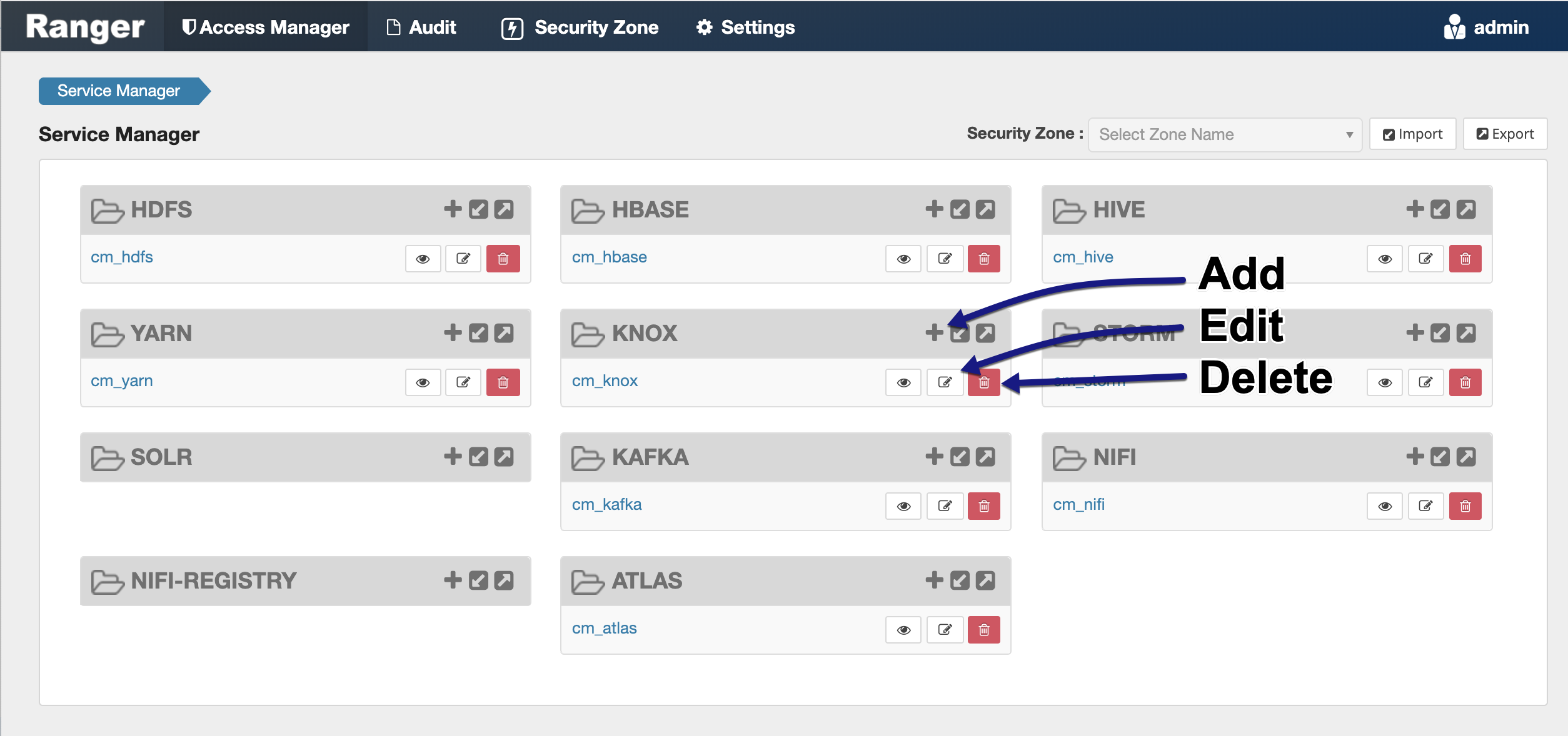Shows Ranger > Service Manager, Add Service, Delete Service, and Edit Service icons labelled.