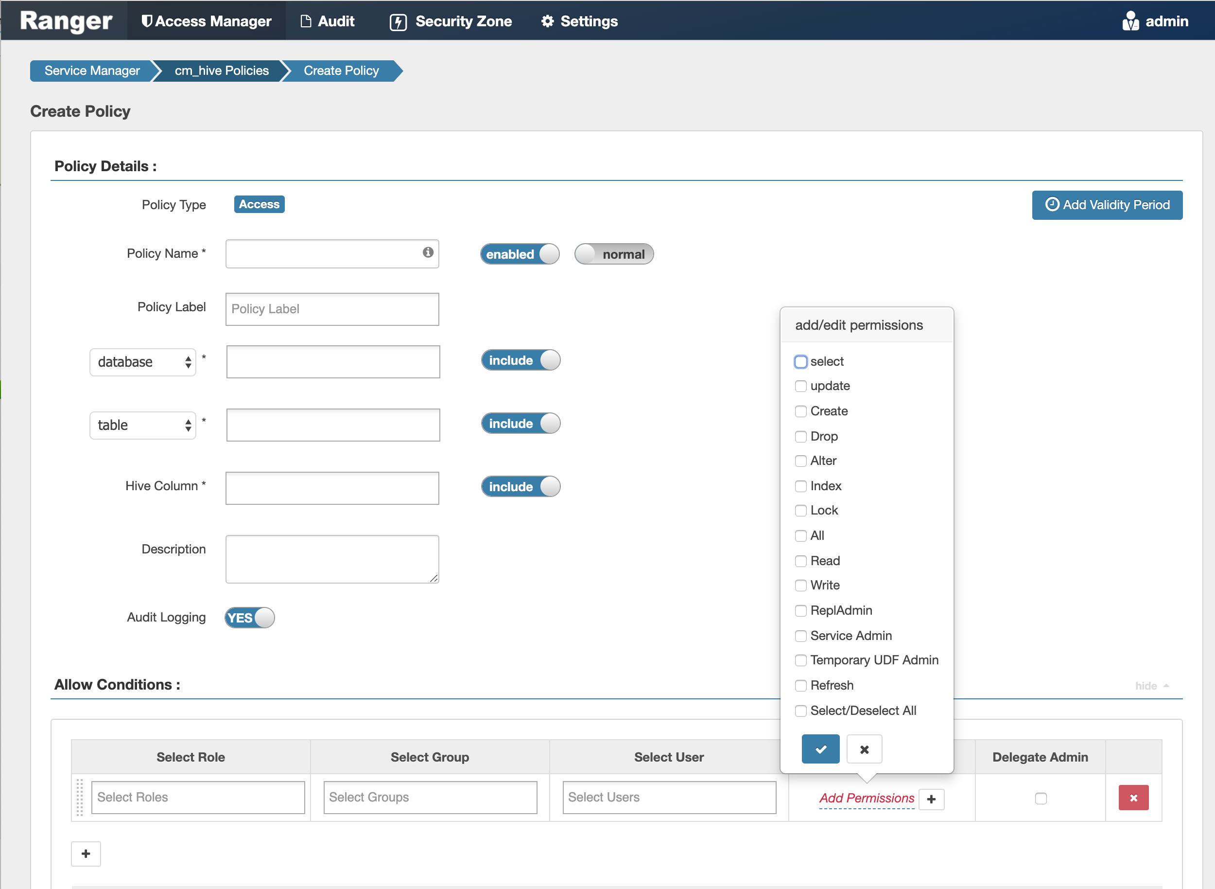 Ranger > Create Hive Policy page.